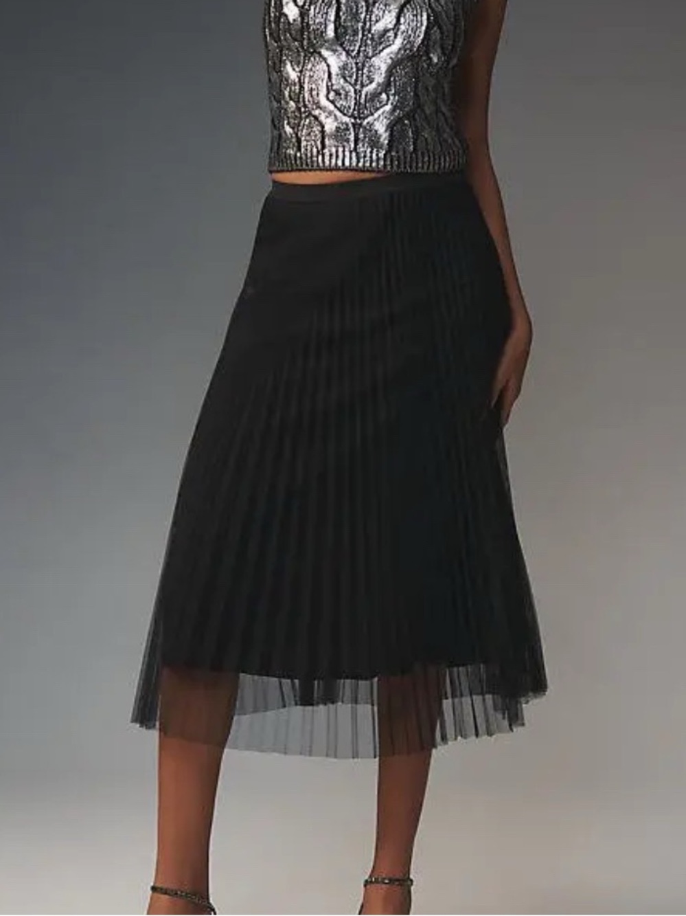 Sanctuary Black Pleated Mesh Tulle Midi Skirt XS NWT Sheer Flowy Party